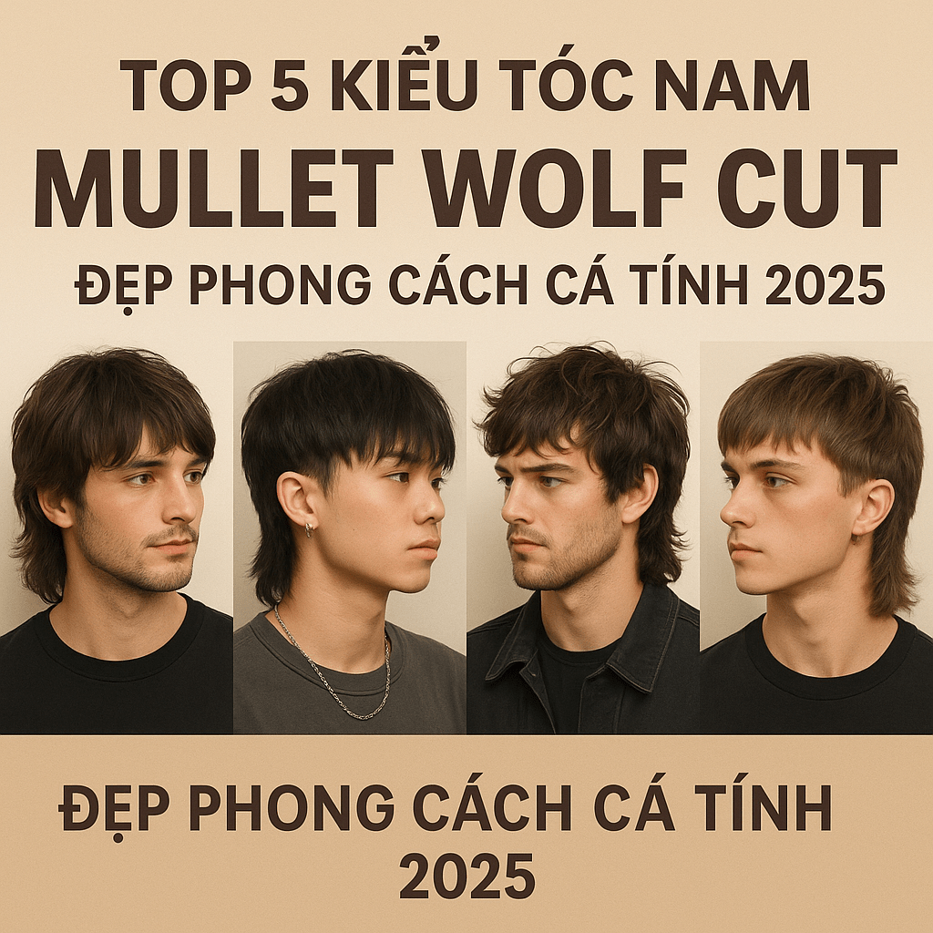 Tạo banner về Top 5 Kiểu Tóc Nam Mullet Wolf Cut – Đẹp Phong Cách Cá Tính 2025