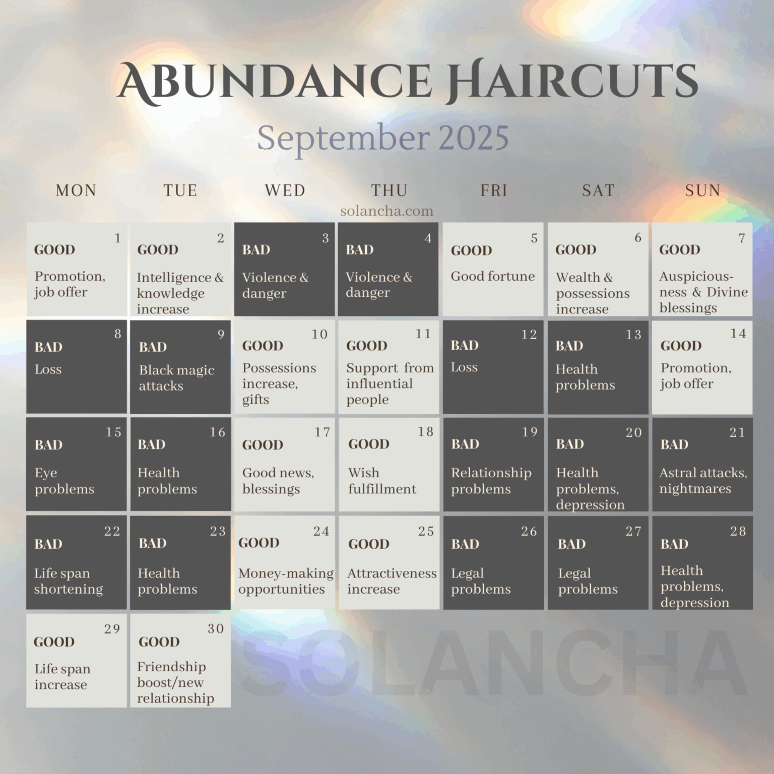 lịch cắt tóc tốt tháng 9.2025