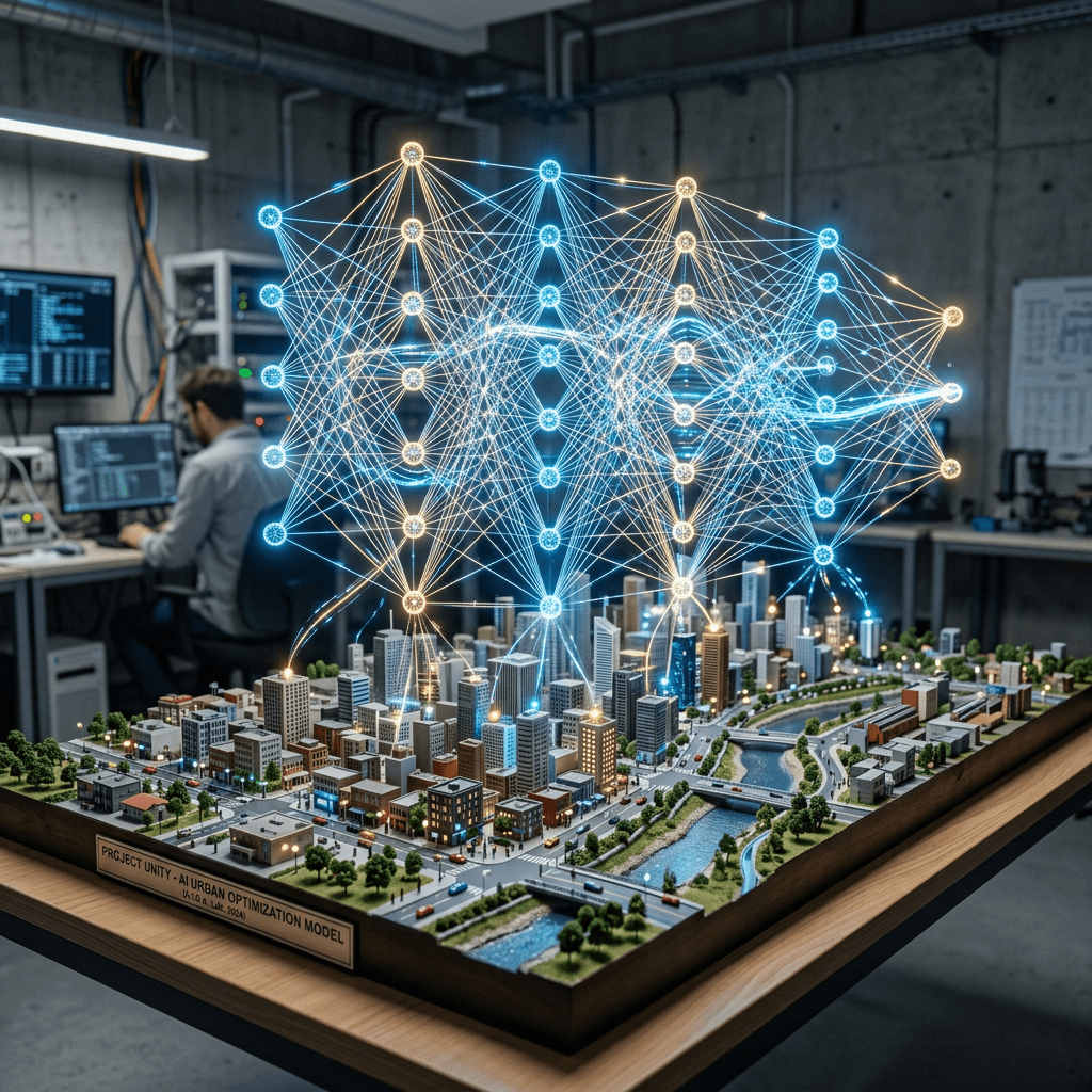 City model on table with AI network overlay showing urban optimization