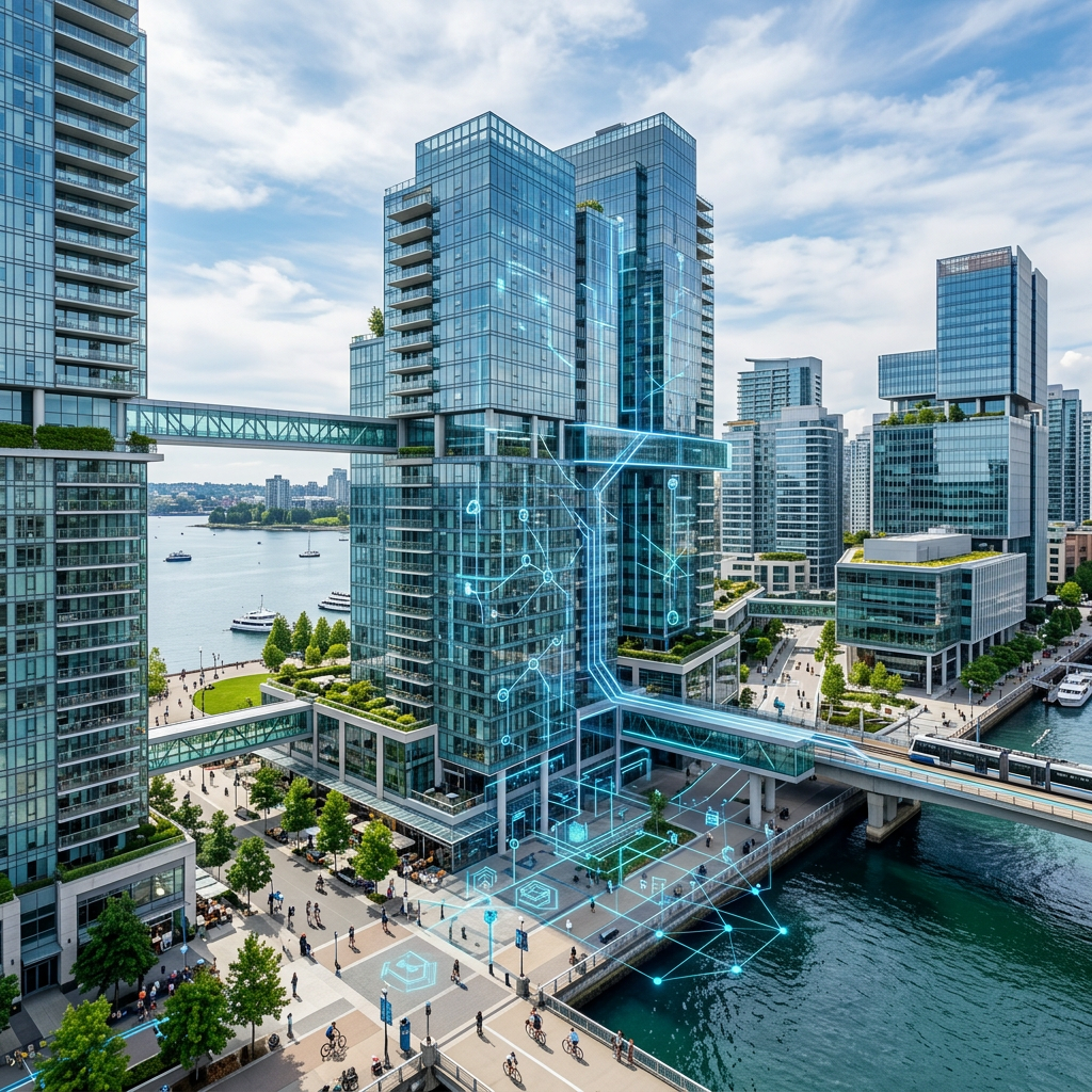 Futuristic glass towers and transit lines beside a waterfront with digital network overlays