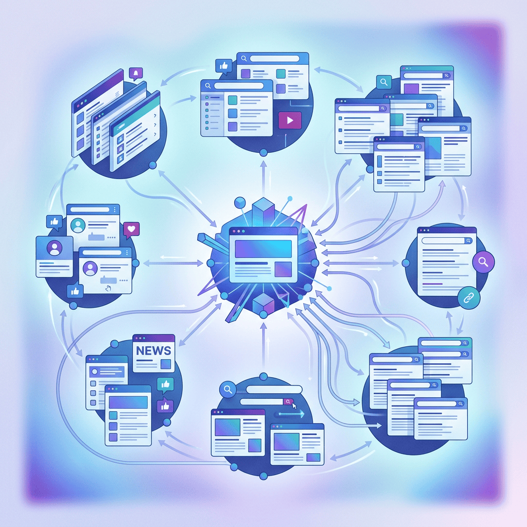 Central digital platform connecting websites, social media, news, and search channels